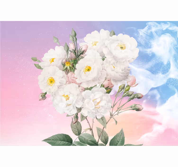 Küchenfenster rollo weiße blumen auf blau-orange hintergrund - TenStickers