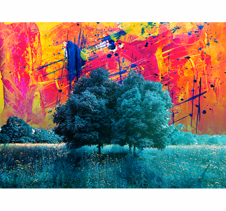 Rollo wohnzimmer buntes feldlandschaft mit bäumen - TenStickers