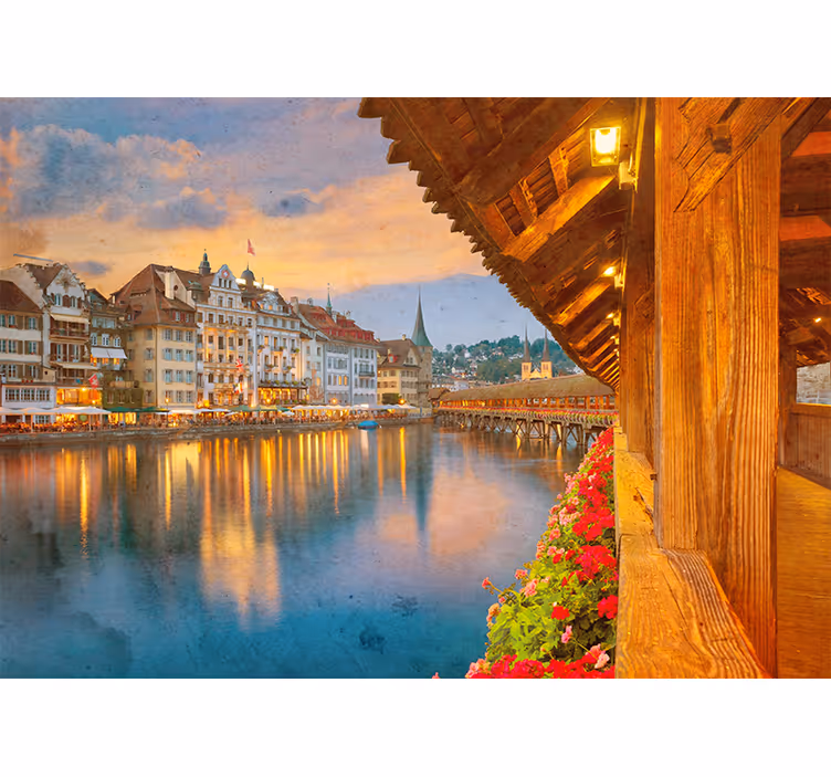 Rollo wohnzimmer alte gebäude am see in der schweiz - TenStickers