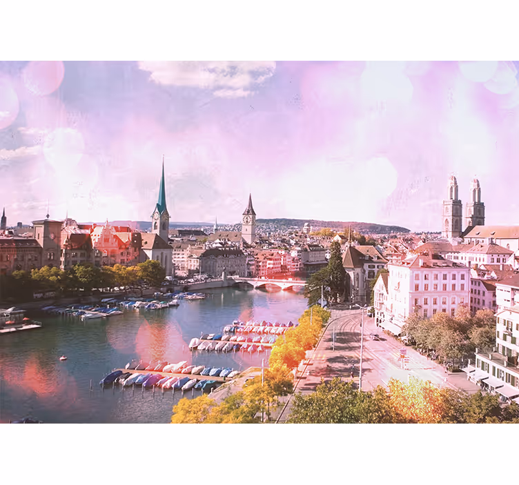 Rollo wohnzimmer mit blick auf zürich häuser und see - TenStickers