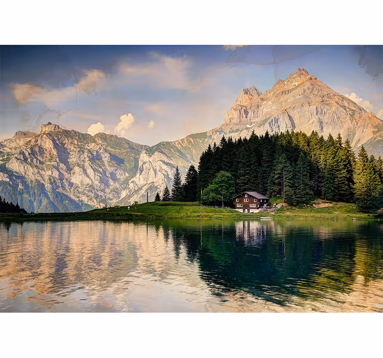 Rollo wohnzimmer haus am see mit bergen im hintergrund - TenStickers