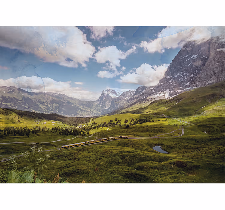 Rollo wohnzimmer grünes feld mit bergen und zug - TenStickers