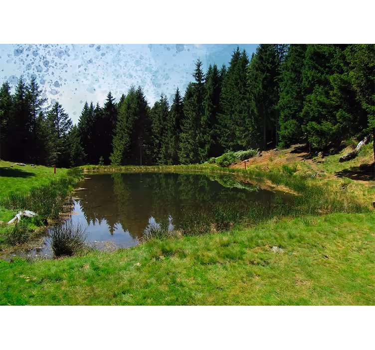 Rollo wohnzimmer grünes feld mit bäumen und see - TenStickers