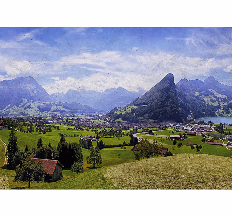 Rollo wohnzimmer häuser auf grünem feld mit bergen - TenStickers