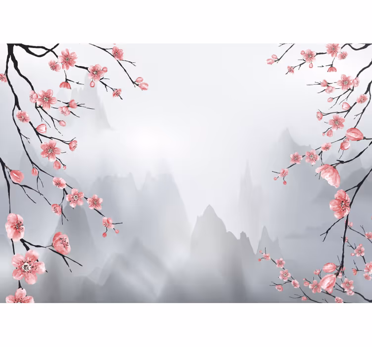 Rollo fenster grau kirschblüten und berge - TenStickers