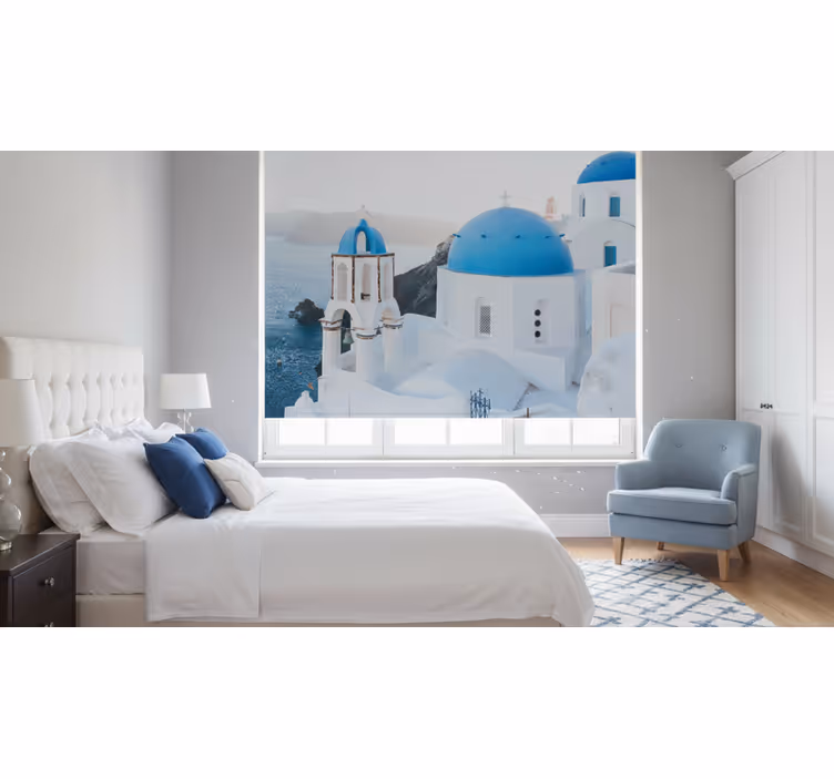 Rollo fenster schlafzimmer santorini weißblaue häuser - TenStickers