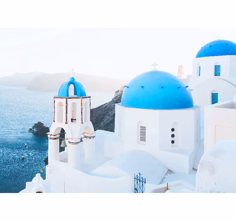 Rollo fenster weiß santorini häuser und meer - TenStickers