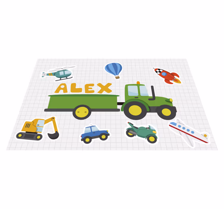 Tischset Namen und Cartoon-Transportmittelen - TenStickers