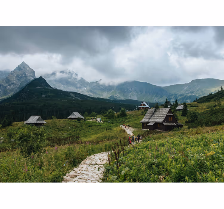 Fototapete grün mit holzhäusern in den tatra-bergen - TenStickers