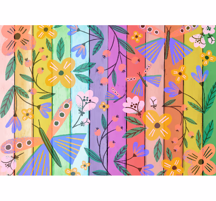 Fototapete Hochzeit Bunte handgezeichnete blumen auf holz - TenStickers