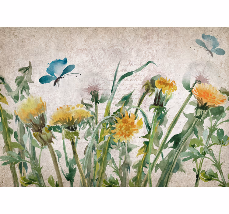 Fototapete blumen löwenzahn mit schmetterlingen - TenStickers