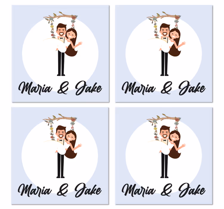 Untersetzer Hochzeit Verlobte mit Namen auf einer astschaukel - TenStickers