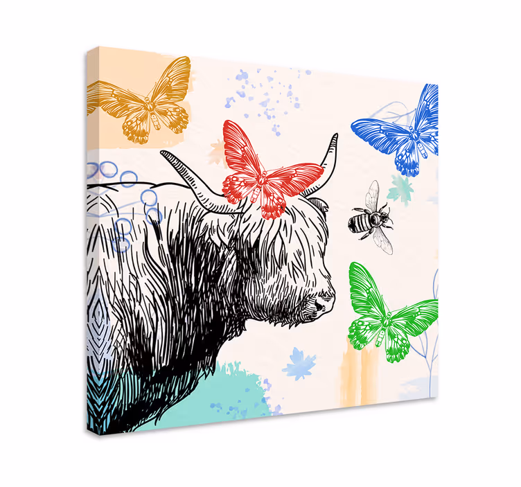 Wandbild tier highland cow und schmetterlinge - TenStickers