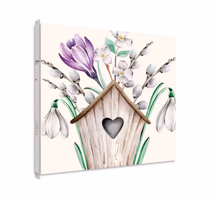 Leinwandbild vogelhaus mit blumenarrangement - TenStickers