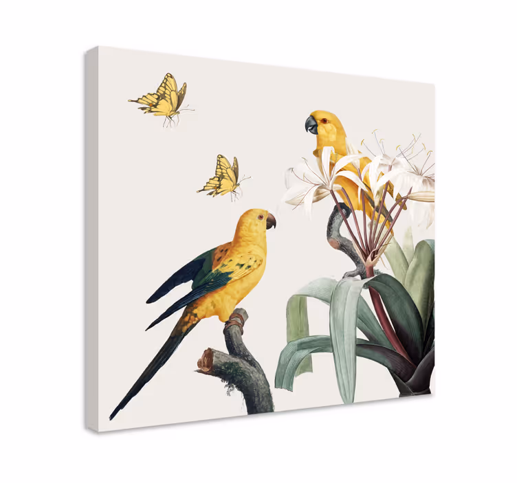 Leinwandbild gelbe papageien und schmetterlinge - TenStickers