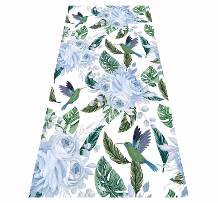 Vinyl teppich blumen blaue gartenblumen mit vögeln - TenStickers