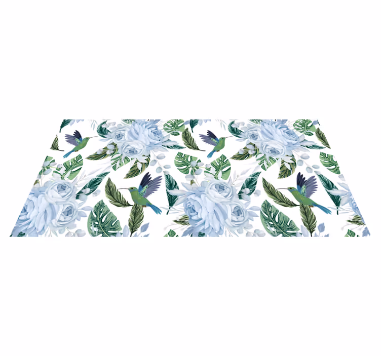 Vinyl teppich blumen blauer garten mit vögeln - TenStickers
