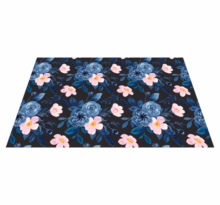 Vinyl teppich blumen in blau und pink auf schwarz - TenStickers