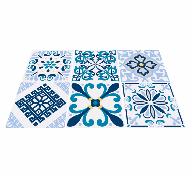Vinyl teppich küche mit blauen blumentellern - TenStickers