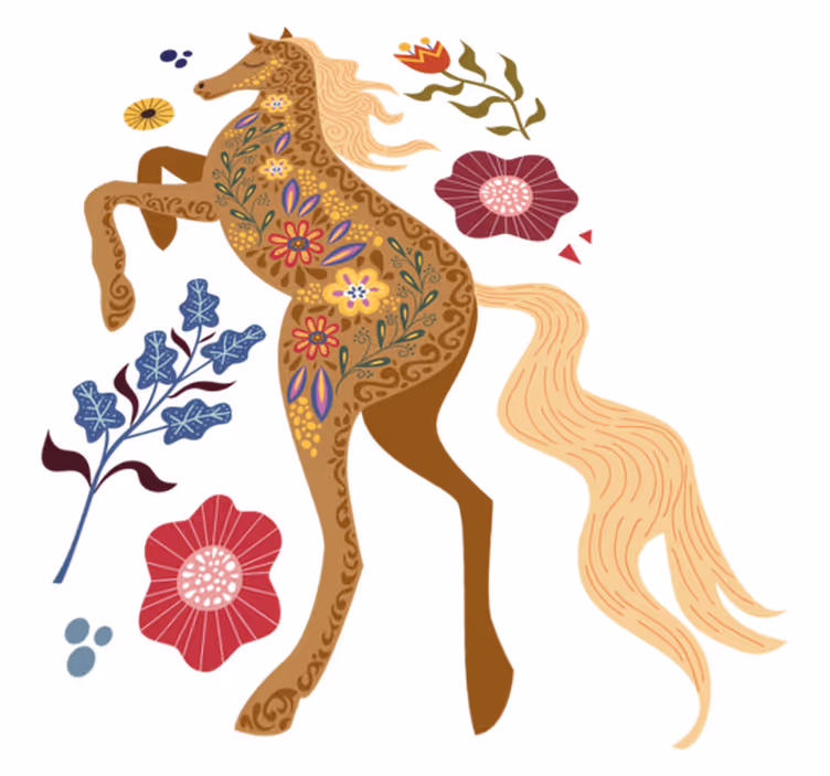 Vinyl teppich blumen mit wildpferde volkskunst illustration - TenStickers