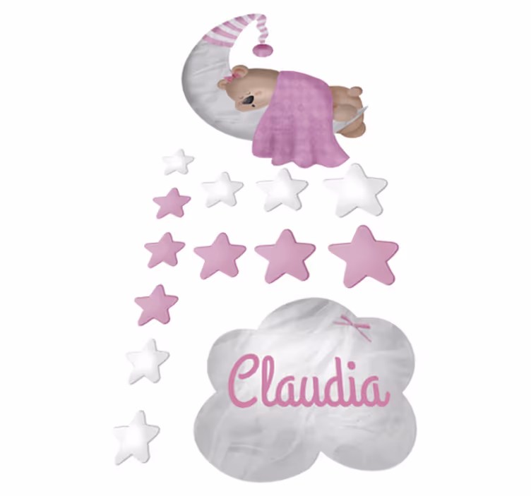 Vinyl teppich kinderzimmer wolken schlafender bär mit name - TenStickers