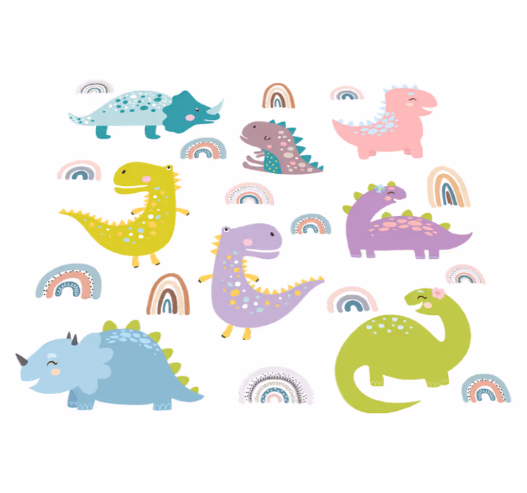 Vinyl teppich schlafzimmer nordic dinosaurier mit regenbögen - TenStickers