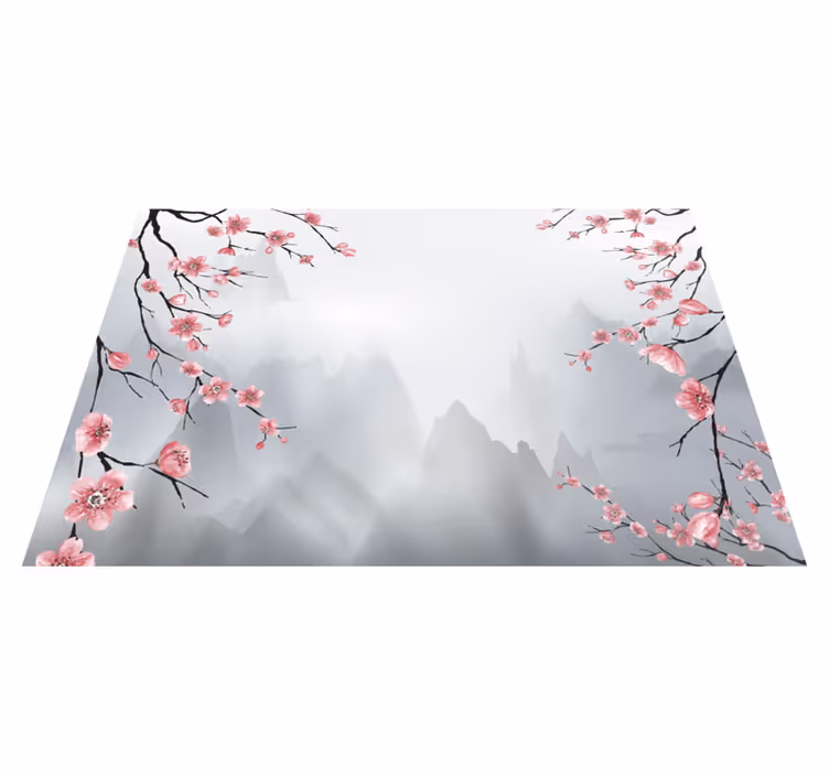 Vinyl teppich grau kirschblüten und berge - TenStickers