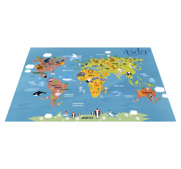 Vinyl teppich für kinder weltkarte mit tieren - TenStickers