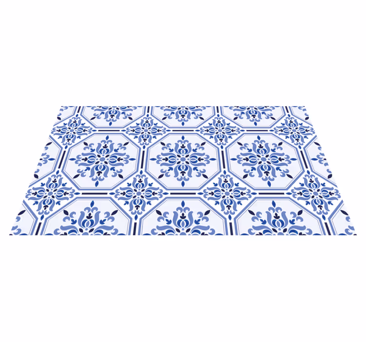 Vinyl Teppich Fliesenoptik azurblaue blütenelemente - TenStickers