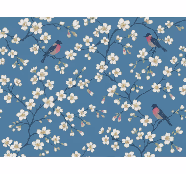 Blumentapete mit blauen obstgarten-vögeln - TenStickers