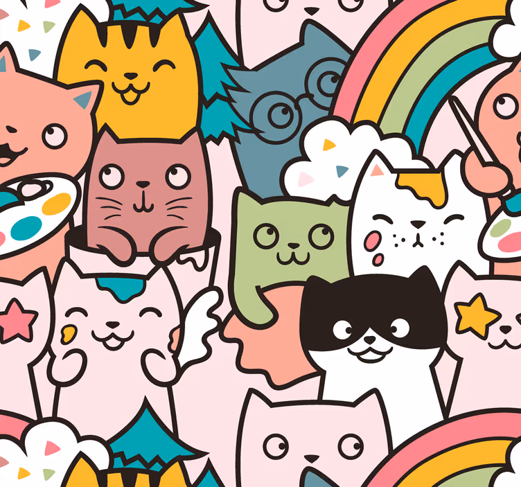 Tapete schlafzimmer mit katzen doodle pastellfarben - TenStickers