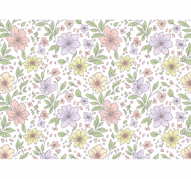Tapete blätter in sanften farben mit blumen - TenStickers