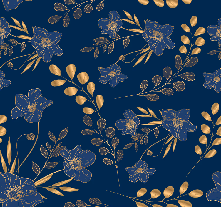 Tapete Wohnzimmer dunkelblau mit goldenem Blumenmuster - TenStickers