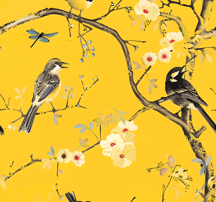 Tapete gelb Vögel auf Ästen - TenStickers