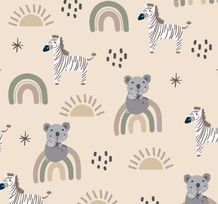 Tiere Tapete beiges und graues kindermuster - TenStickers