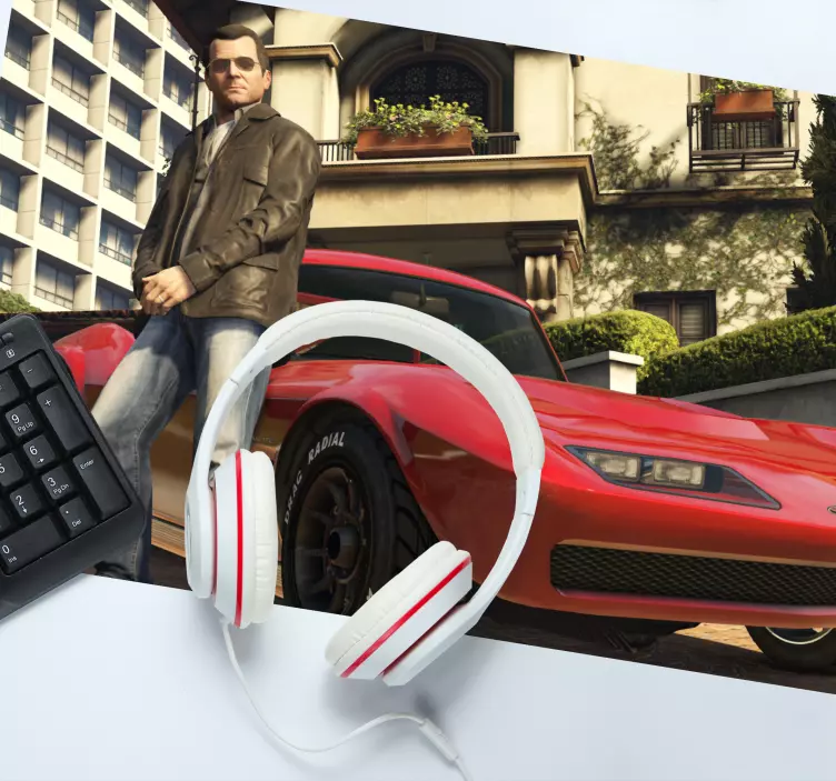 Gaming mauspad charakter neben rotem fahrzeug - TenStickers