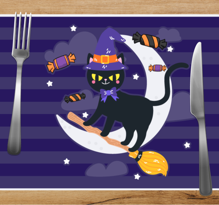 Tischset halloween mit hexenkatze auf besen - TenStickers