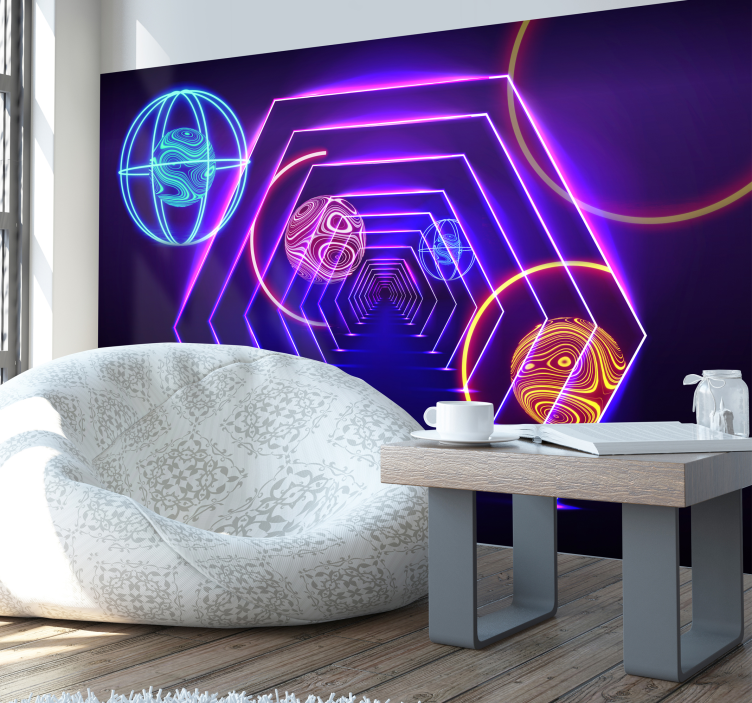 3D Tapete Neontunnel mit Planeten - TenStickers