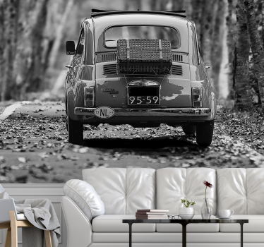 Auto Fototapete Schwarz-weiß-oldtimer-wandbild - TenStickers