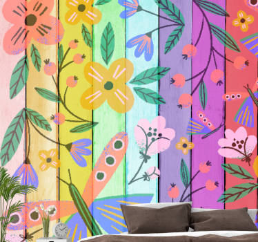 Fototapete Blumen Bunte handgezeichnete blumen auf holz - TenStickers