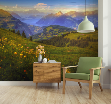 Natur Fototapete Schöne wiese mit bergen - TenStickers