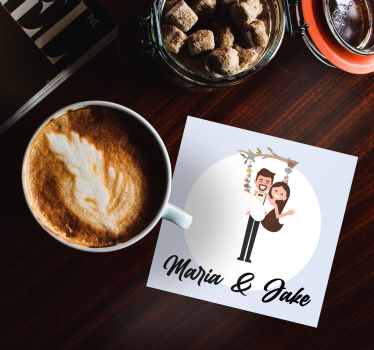 Untersetzer Hochzeit Verlobte mit Namen auf einer astschaukel - TenStickers