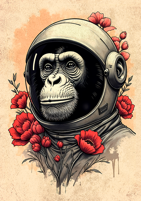 Poster künstlerische Zeichnung astronautenaffe - TenStickers