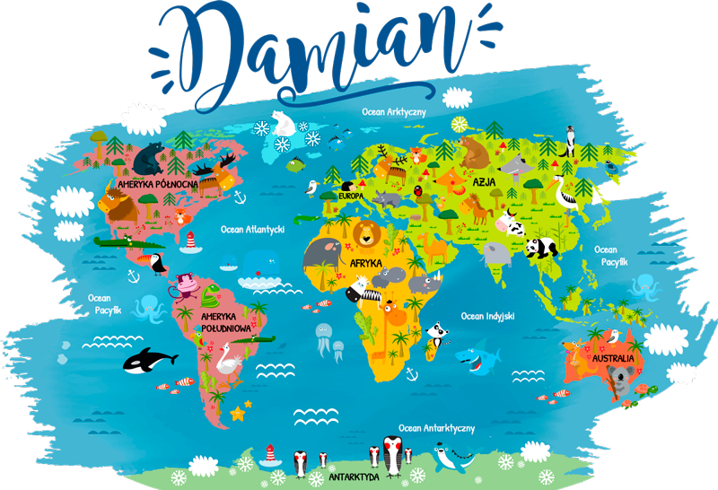 Poster weltkarte tierwelt mit polnischen namen - TenStickers