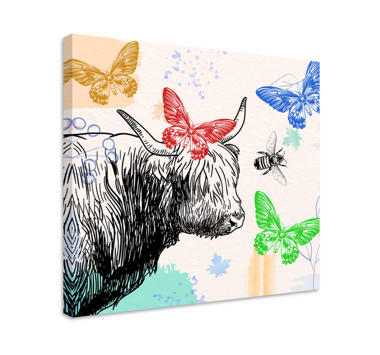 Wandbild tier highland cow und schmetterlinge - TenStickers