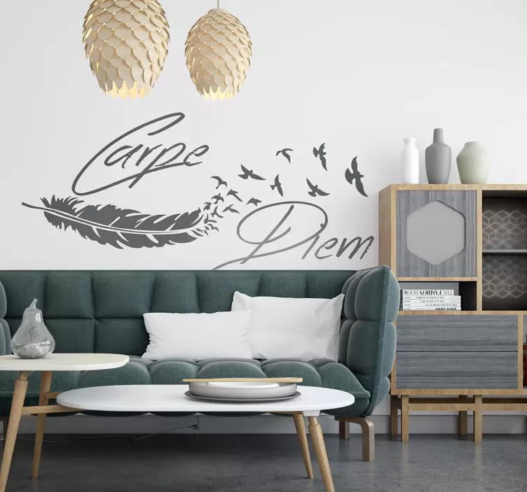 Wandtattoo Wohnzimmer mit Carpe Diem Feder - TenStickers