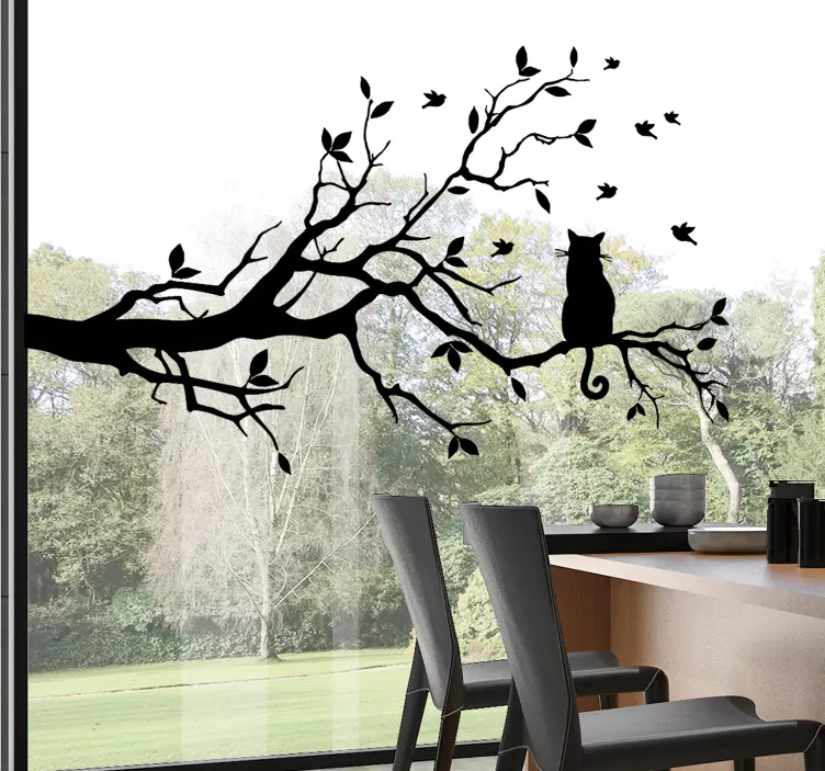 Fensteraufkleber Katze auf Baum - TenStickers