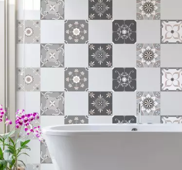 Wandtattoo Badezimmer Beige Blumenverzierung Fliesen - TenStickers