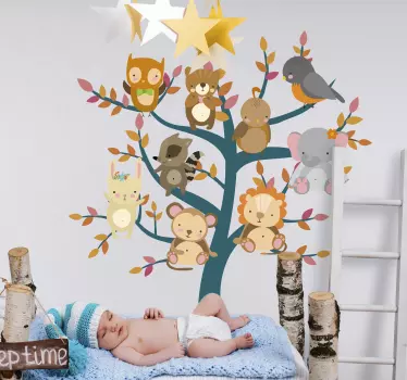 Baum mit süßen Tieren Wandaufkleber - TenStickers