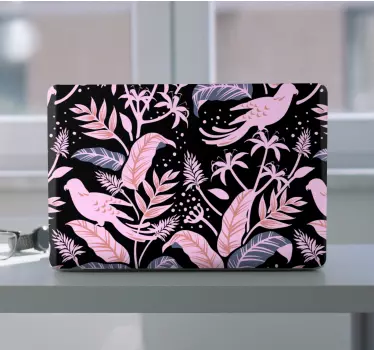 Notebook Aufkleber Schwarze und rosa vögel auf blättern - TenStickers